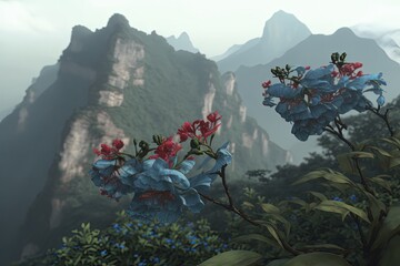 Bird's view of flower blooming on rocky area. Generative AI