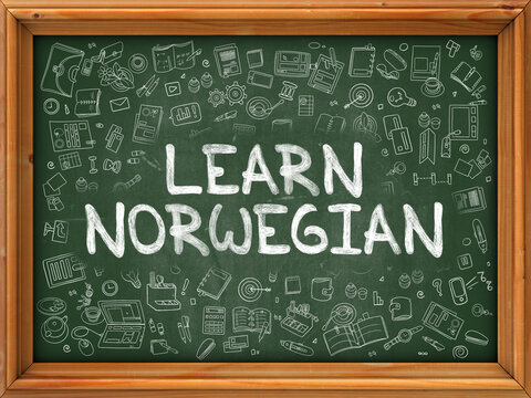 Hand Drawn Learn Norwegian on Green Chalkboard. Hand Drawn Doodle Icons Around Chalkboard. Modern Illustration with Line Style.