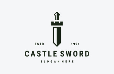 Castle sword logo vector icon illustration hipster vintage retro