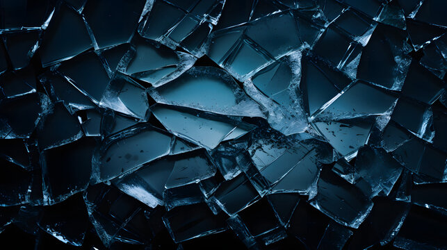 cracked glass object on black background, smashed glass texture, shards of broken glass on black wallpaper 
