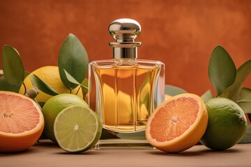 perfume bottle on citrus background. AI generated