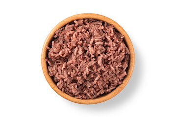 Top view of Rice berry in wooden bowl on white background.