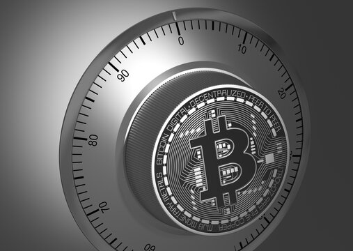 Close-Up Of Bitcoin Like A Safe Lock. 3D Illustration.