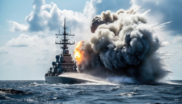 Damaged battleship engulfed in flames and smoke amidst a turbulent sea and cloudy sky. Intense scene of destruction and chaotic fire created with generative AI.