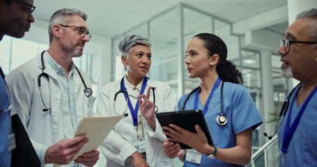 Doctors, meeting and healthcare with teamwork, schedule and discussion with planning, documents and tablet. Medical professional, staff and group with paperwork, technology and checklist for surgery - Powered by Adobe