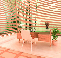 Wooden work desk, wooden floor, modern wooden wall decoration piece, decorative flower pot, desk lamp and books. Design and interior decoration. Background for product display. 3d render.