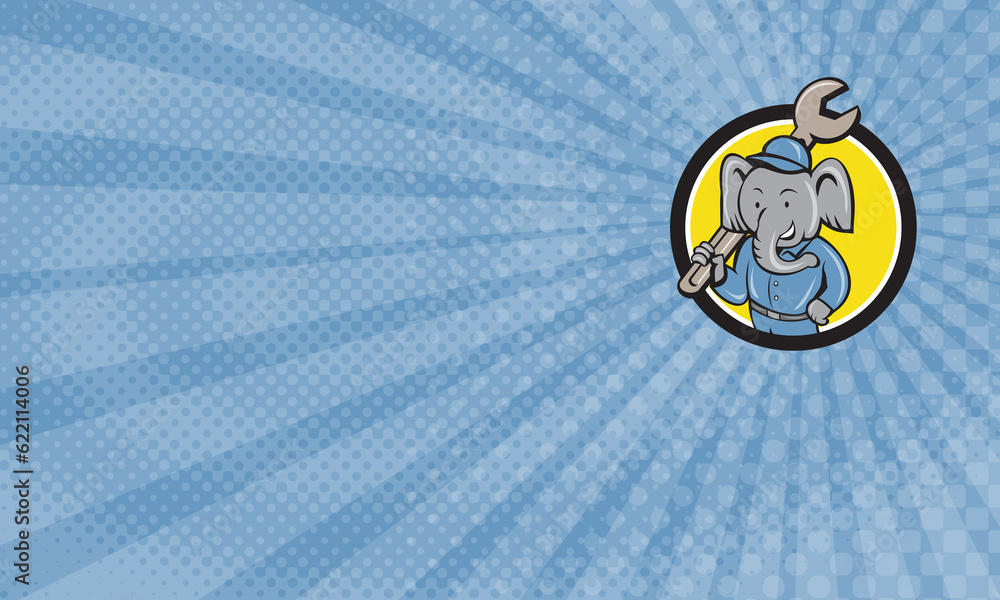 Poster business card showing illustration of an elephant mechanic holding spanner on shoulder viewed from f