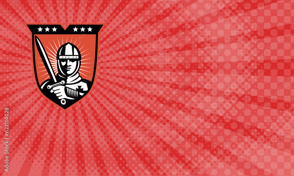 Poster business card showing illustration of a knight warrior crusader with long sword set inside shield do