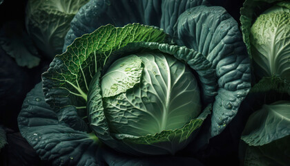 Obraz premium Fresh organic green cabbage on black background. Water drops create a splash. Healthy vegetarian ingredient. Generative AI