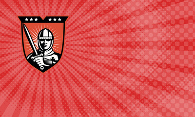 Business card  showing Illustration of a knight warrior crusader with long sword set inside shield done in retro style.