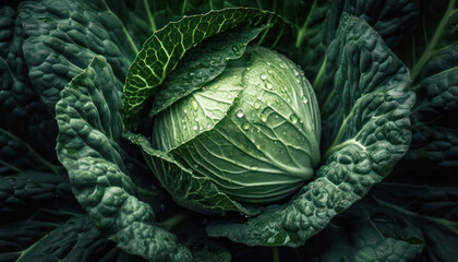 Fototapeta premium Fresh organic green cabbage on black background. Water drops create a splash. Healthy vegetarian ingredient. Generative AI