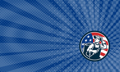 Business card showing Illustration of a welder rod-holder with cable and electrode for electric arc welding and welder visor mask looking to the side with usa american stars and stripes flag in the b