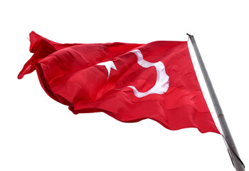 Flag of Turkey waving in wind day. Isolated on white background.