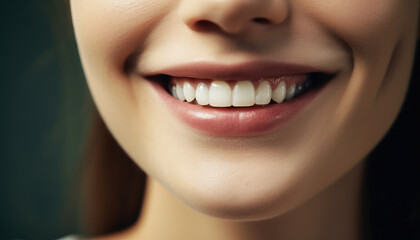 Fototapeta premium Smiling young adult woman portrait with close-up of lips and smiley teeth face, adorned with stunning makeup, exudes confidence. Her lips, teeth, and nose are beautifully highlighted. Generative AI