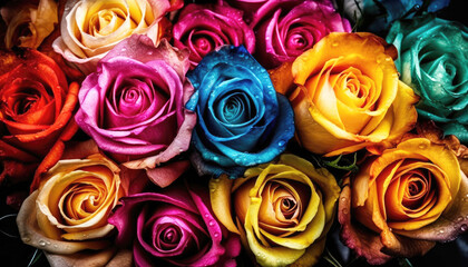 Fototapeta na wymiar Colorful bouquet garden roses showcases the beauty of nature without people. Vibrant petals in pink, red, blue green yellow orange create a stunning close-up view. Perfect floristry. Generative AI