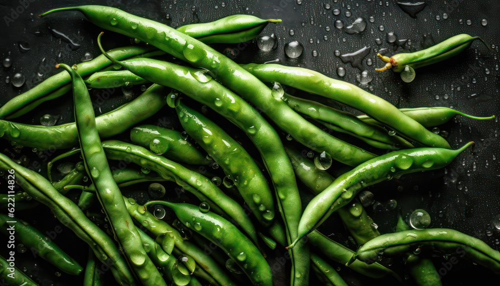 Canvas Prints Fresh organic green beans on black background. Water drops create a splash. Healthy vegetarian ingredient. Generative AI - Canvas Prints