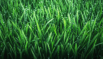 Close-up lush refreshing green grass, vibrant plant stems, water droplet on a blade of grass, wet field in nature, no people. Generative AI