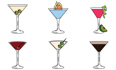 Set of colored tropical cocktail sketch icons Vector
