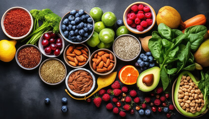 Abundance of fresh, colorful ingredients for healthy eating vibrant flat lay with a variety of fruits and vegetables for vitamin-rich wellbeing. No people. Top view. Generative AI