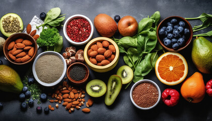 Fototapeta na wymiar Abundance of fresh, colorful ingredients for healthy eating vibrant flat lay with a variety of fruits and vegetables for vitamin-rich wellbeing. No people. Top view. Generative AI