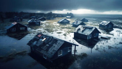 Fototapeta na wymiar Aerial view of a flood-ravaged village shows submerged houses, reflecting the impact of a storm and global warming. Generative AI