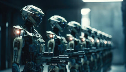 In a futuristic battlefield, armored AI soldiers engage in a high-tech war, showcasing the power of advanced technology and teamwork. Generative AI