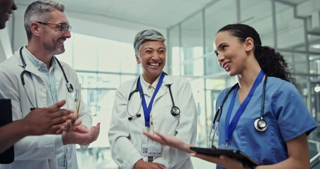 Clapping, high five and team of doctors in clinic cheering for a surgery success or goal. Happy, smile and group of professional healthcare workers with applause for collaboration in medical hospital - Powered by Adobe