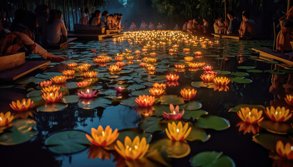 An ancient Asian festival in Thailand: People in colorful costumes gather canal, floating candles on a boat, illuminating vibrant light night spiritual beauty of Loy Krathong tradition . Generative AI