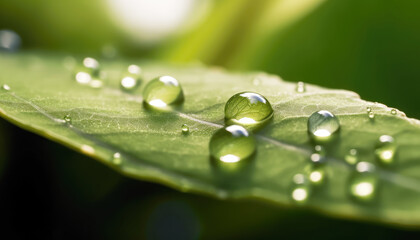 Vibrant green foliage leaf adorned with dewdrops, showcasing the beauty of nature's fragility. Generative AI