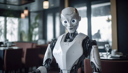 Robot customer is served by food service at an indoor restaurant table. The scene showcases a futuristic enjoying dining experience. Generative AI