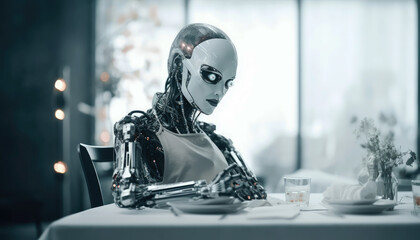 Robot customer is served by food service at an indoor restaurant table. The scene showcases a futuristic enjoying dining experience. Generative AI