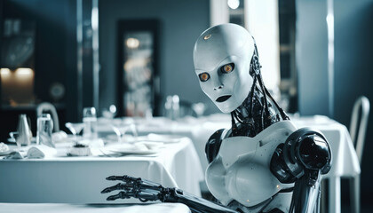 Robot customer is served by food service at an indoor restaurant table. The scene showcases a futuristic enjoying dining experience. Generative AI