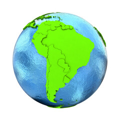 South America on elegant green 3D model of planet Earth with realistic watery blue ocean and green continents with visible country borders. 3D illustration isolated on white background.