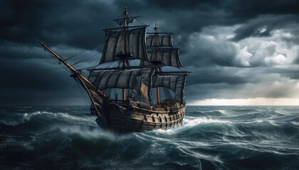 Obraz premium A mysterious abandoned sailboat sails through stormy seas under a dark sky with lightning. Generative AI
