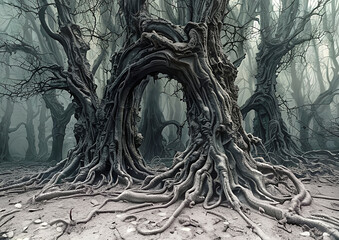 Petrifying, Sinister, Cursed Gnarled trees exude otherworldly energy with their twisted trunks and branches evoking a sense of deep unease in forest and city