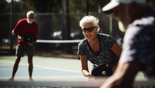 Dynamic pickleball game with senior male and female players competing in mixed doubles. Generative AI