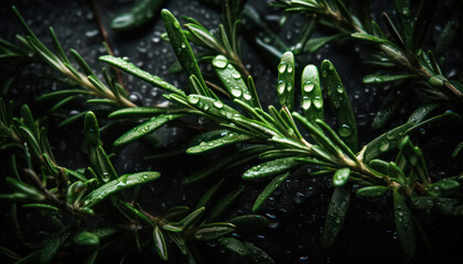 Wet rosemary plant with droplets, showing growth and green leaves. No people. Ideal for food, drink, and nature projects. Generative AI