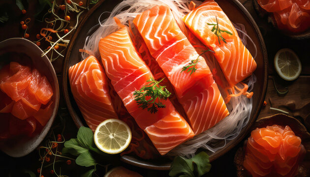 Fresh and healthy Japanese salmon sashimi and seafood delights, showcasing freshness and healthy eating. No people. Generative AI