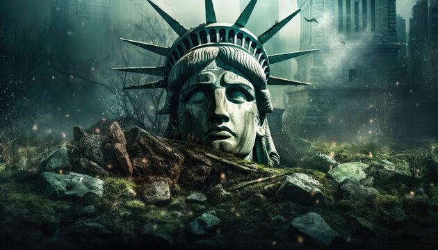 Collapse brings darkness, doomsday looms. Flood surrounds a spooky Statue of Liberty, depicting an eerie end. Generative AI
