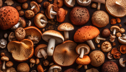 Obraz na płótnie Canvas An abundant variety of fresh, brown mushrooms arranged in a flat lay. No people. Top view. Perfect for food and wellbeing themes. Generative AI