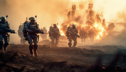 Generative AI Wars Future Battlefield Unleashes Robotic Squads into the Epic Conflict of Human vs. Machine Sci-Fi Battlezone Futuristic Soldiers and Advanced Weapons Ignite a Dystopian War