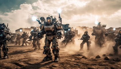 Generative AI Wars Future Battlefield Unleashes Robotic Squads into the Epic Conflict of Human vs. Machine Sci-Fi Battlezone Futuristic Soldiers and Advanced Weapons Ignite a Dystopian War - obrazy, fototapety, plakaty