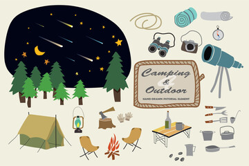 캠핑관련 소품들, 유성우가 내리는 야외에서의 캠핑을 하는 모습을 모티브로 제작함.