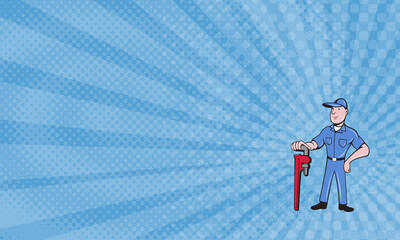 Business Card showing Illustration of a plumber pipe worker standing leaning on pipe wrench with other hand on hips viewed from front set on isolated white background done in cartoon style.