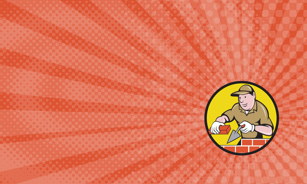 Business card showing Illustration of a bricklayer mason plasterer construction worker at work holding brick and trowel set inside circle done in cartoon style.