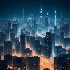 Modern city with wireless network connection and city scape concept.Wireless network and Connection technology concept with city background at night.

