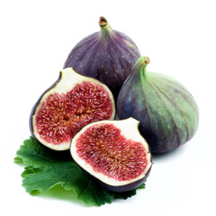 Arrangement of Fresh Ripe Figs Full Body and Halves with Leaf isolated on White background