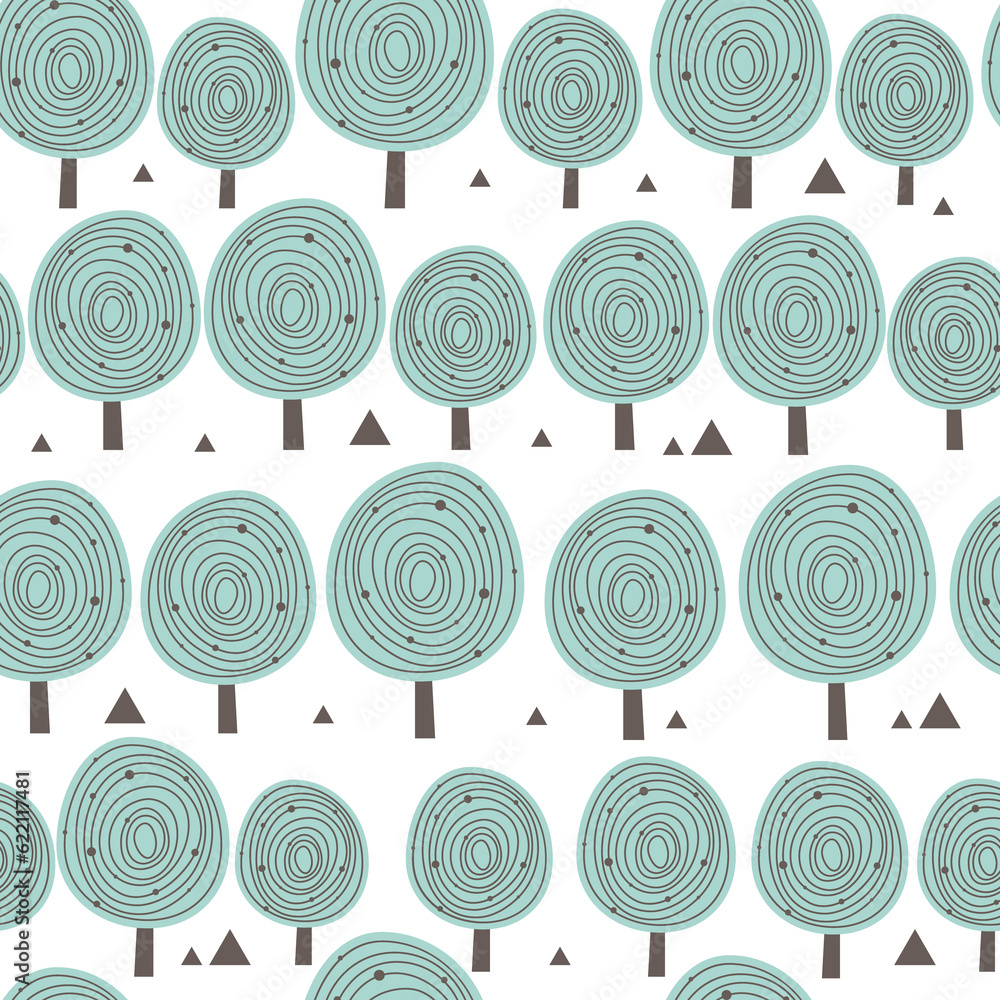 Poster scandinavia seamless pattern with silhouettes of trees, triangular forms. and stained blue for eco d