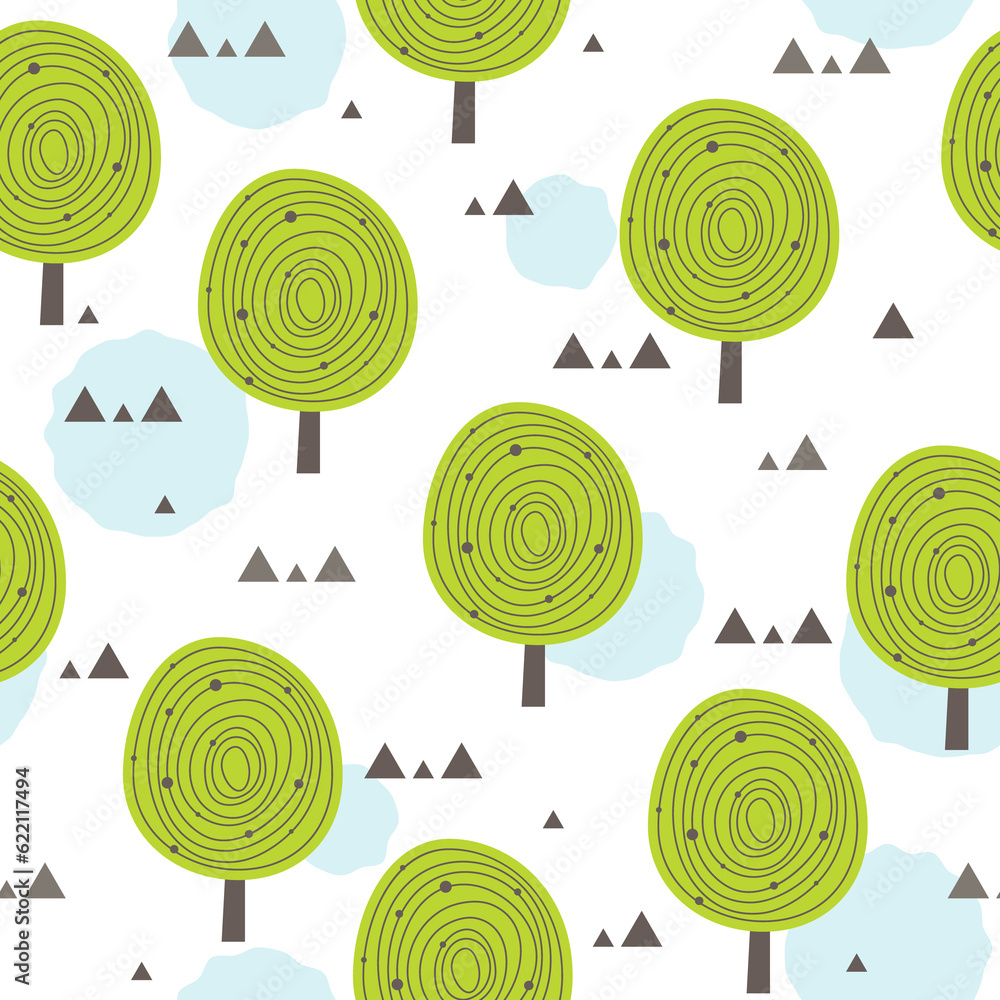 Poster scandinavia seamless pattern with silhouettes of trees, triangular forms. and stained blue for eco d