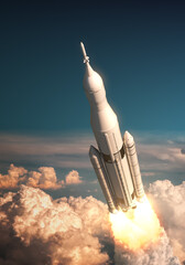 Space Launch System Takes Off Over The Clouds. 3D Illustration.